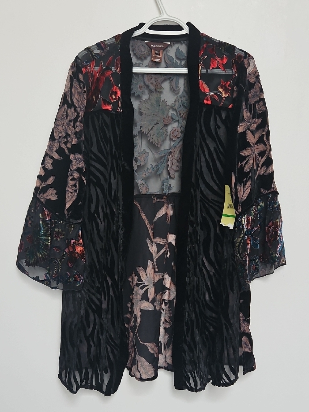 Multiples Burnout Velvet Jacket Womens Sz L Black Flared Kimono Floral NWT